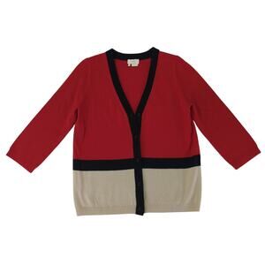 Kate Spade 100% Wool Cardigan Sweater Colorblock 3/4 Sleeve Medium Button V-neck
